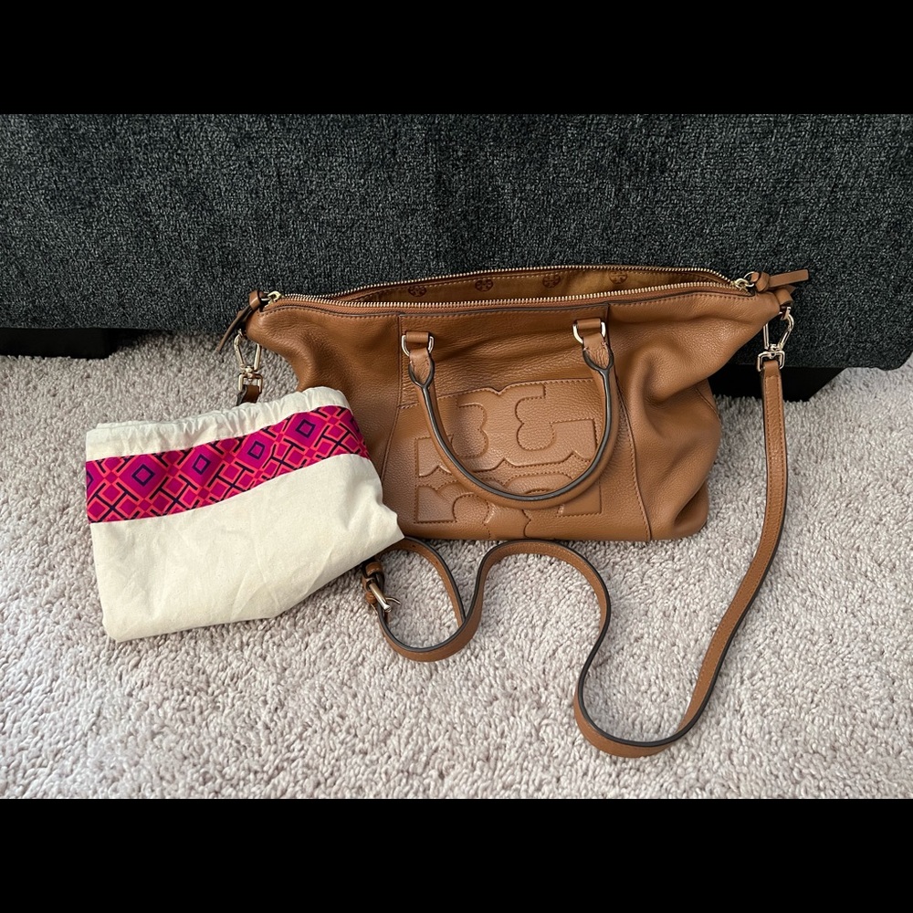 Tory Burch Bombe' Medium Slouchy Tote Shoulder Top Zip brown Pebbled leather